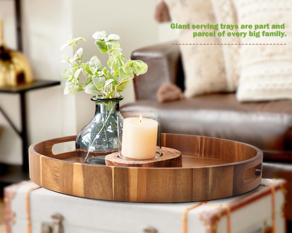 Extra Large Round Serving Tray, 20INCH, Heavy Duty Acacia Wood Trays for Big Ottoman Coffee Table Counter Giant Decorative Organizer Tray, Huge Kitchen Serveware Cheese Board Charcuterie Tray