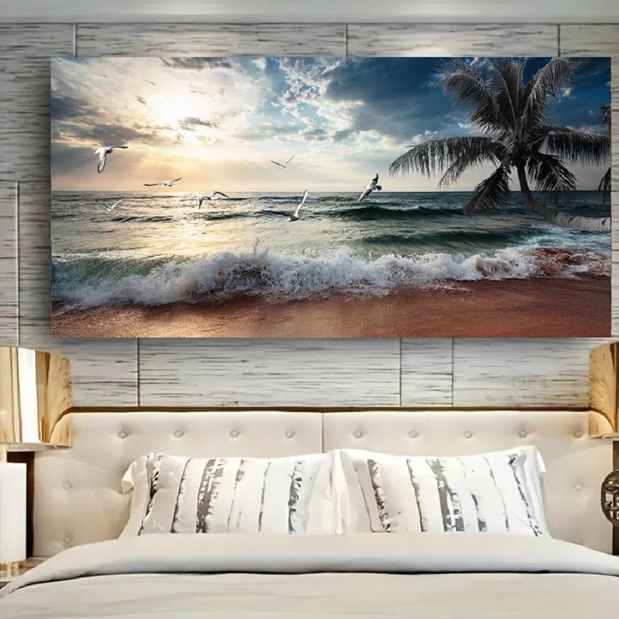 Yxbhhym Large Canvas Wall Art Beach Ocean Prints Art Coast Sunset Sea Paintings Poster Scenery Picture Palm Artwork for Wall Art Living Room Bedroom Office Decorations Framed-30x60inches