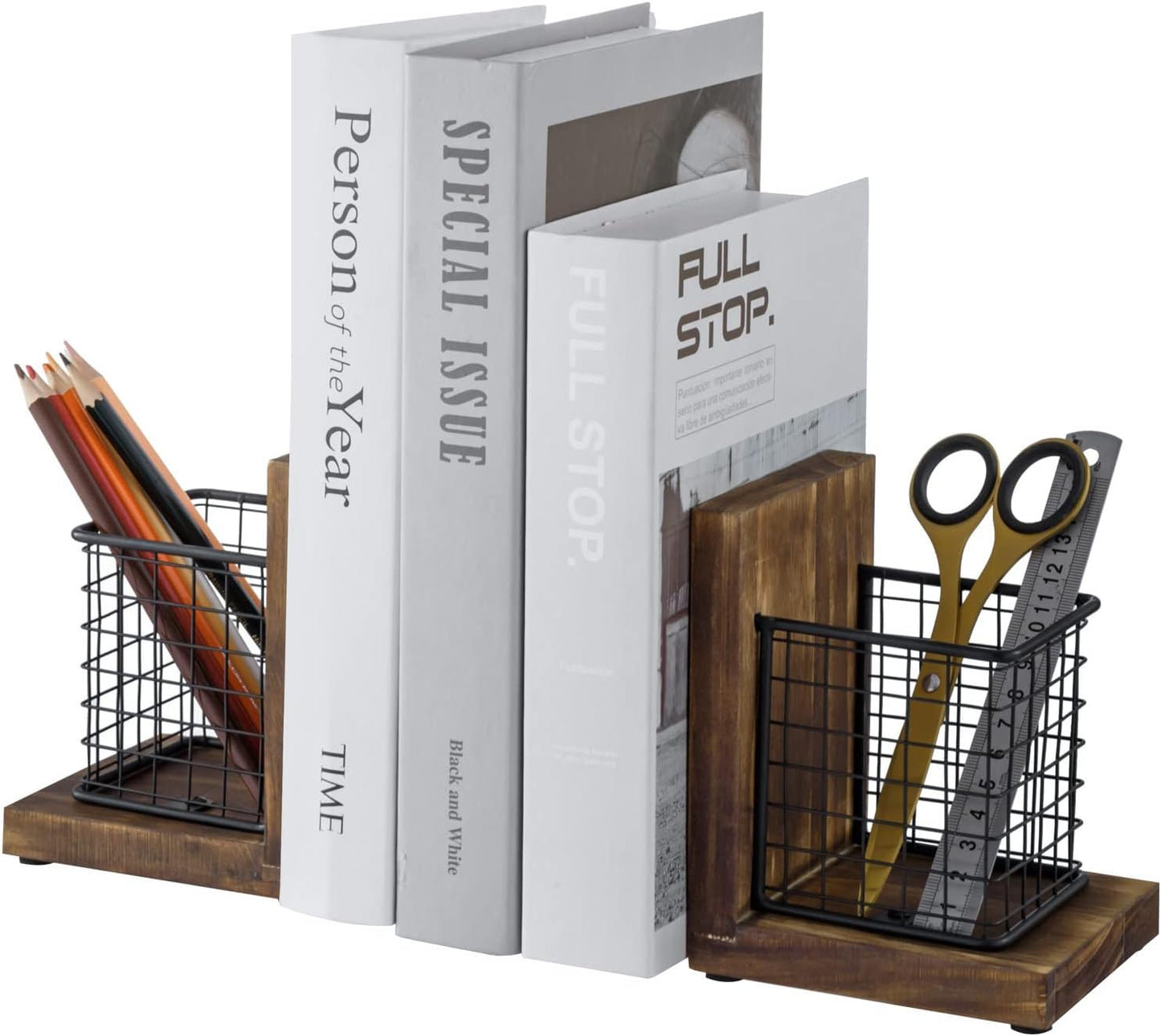 MyGift Rustic Burnt Wood Decorative Bookends for Heavy Books with Matte Black Metal Wire Basket Pencil Cup and Office Supplies Storage Baskets, 1-Pair