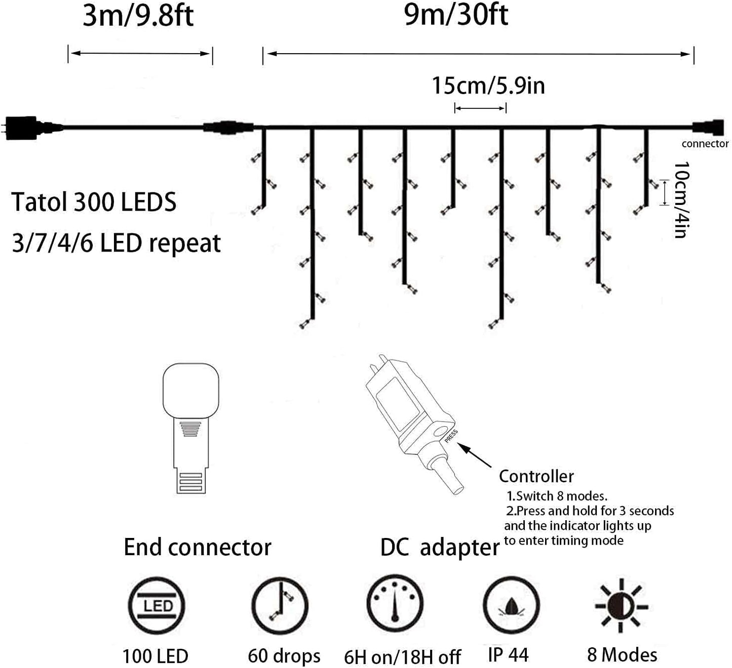 YASENN 300Led Icicle Style String Lights 29.5FT,Update Connectable 8 Lighting Modes with Timer Icicle Lights for Home Garden Outdoor Indoor Eave Decor (Warm White LED White Cable)