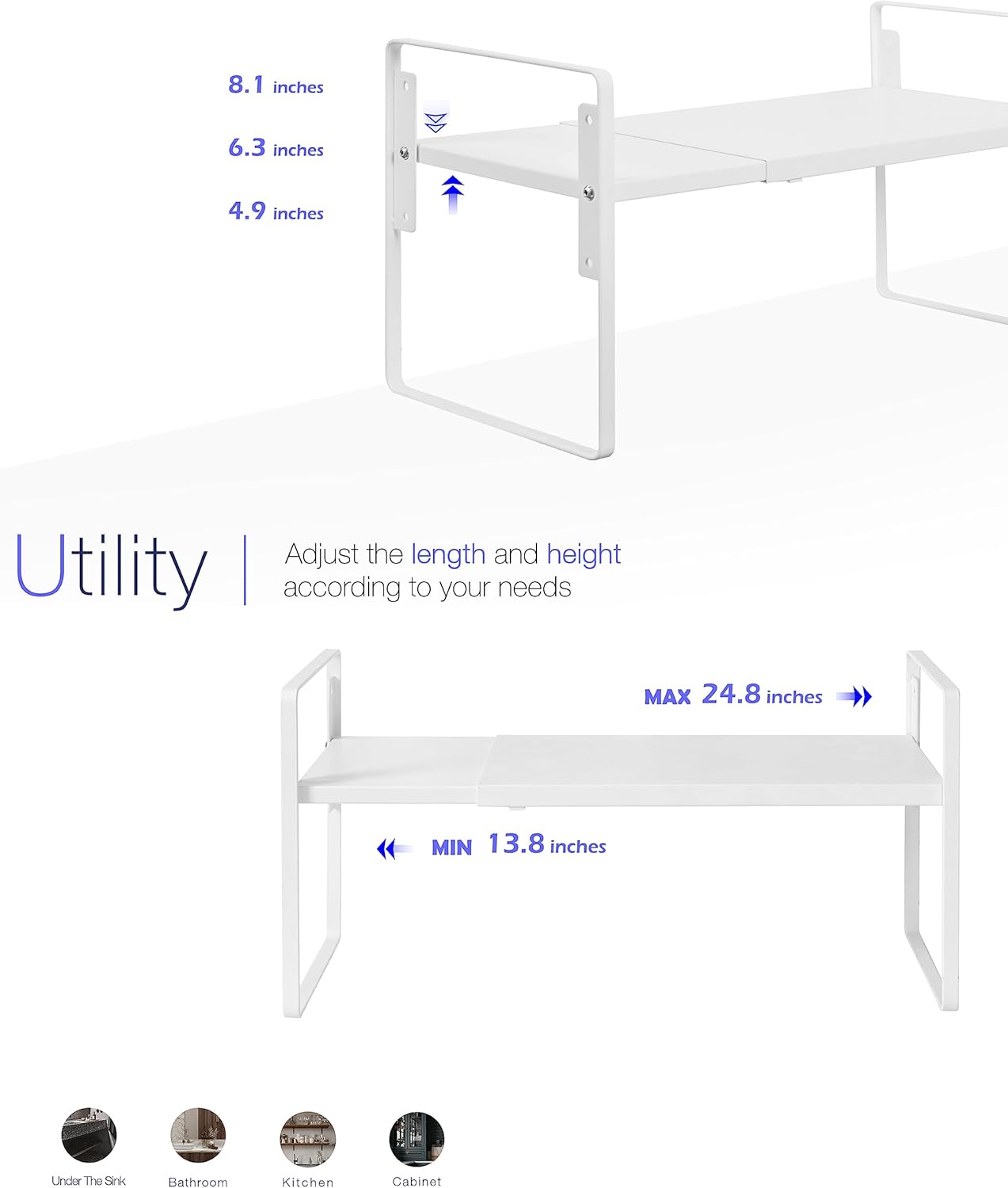 Nxconsu Cabinet Shelf Expandable Height Adjustable Organizer Riser for Kitchen Cabinet Pantry Cupboard Under Sink Countertop Organization Storage Space Saver Stackable Heavy Duty Metal White