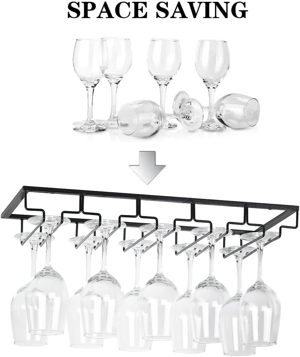 Wine Glass Rack - Under Cabinet Stemware Wine Glass Holder Glasses Storage Hanger 2 Pack Metal Organizer for Bar Kitchen 5 Rows Black