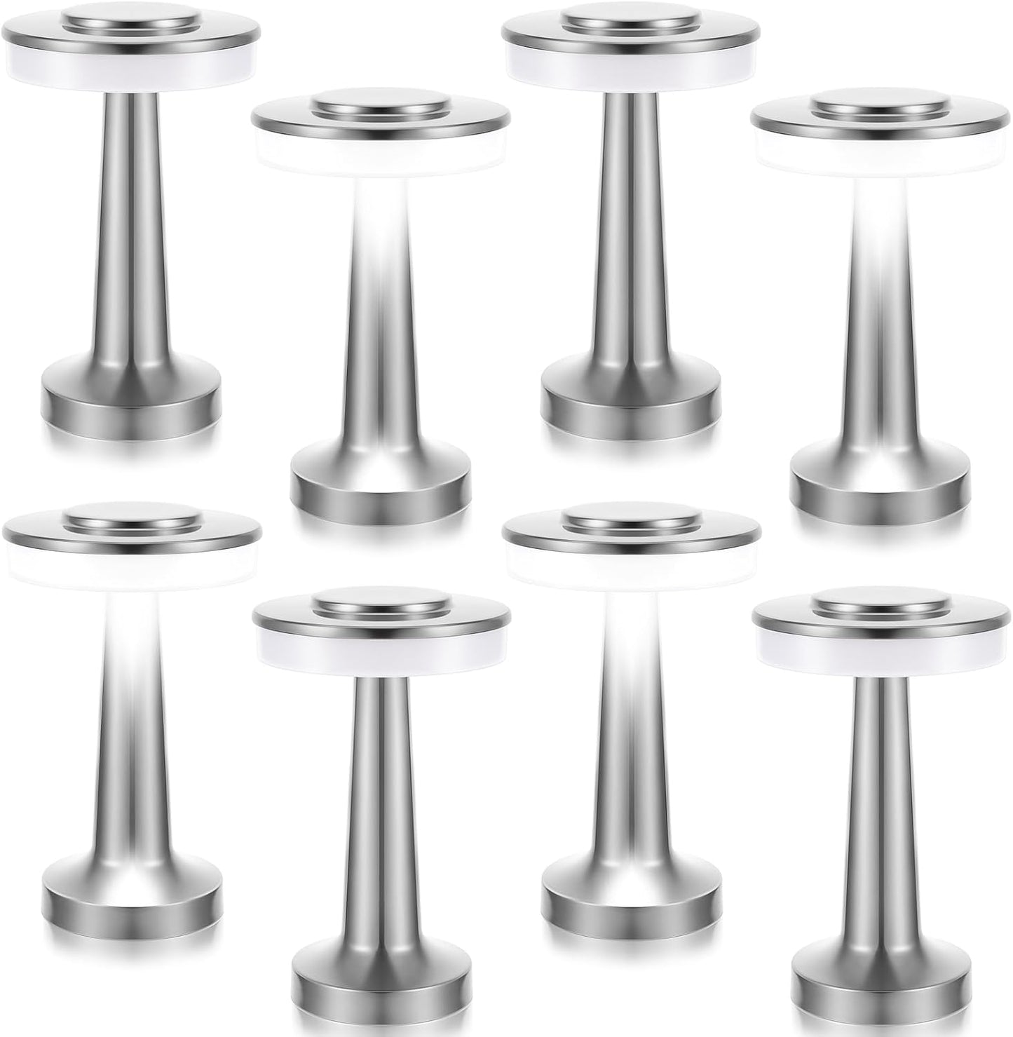 VIHOSE Set of 8 LED Portable Cordless Table Lamp with Touch Sensor 3 Color Stepless Dimming Rechargeable Battery up to 15 Hours Cordless Table Light Wireless Lamp for Nursery(Silver)