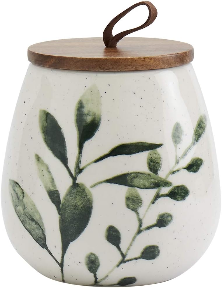 TTU Tabletops Gallery Ceramic Canister Collection- Stoneware Designed Kitchen Storage Acacia Wood White Set, 3 Piece Green Leaf Canister Set
