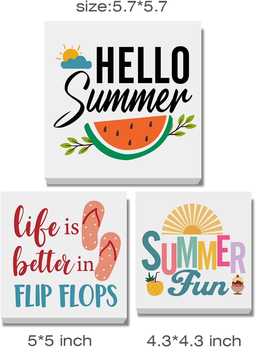 Summer Decor for Home Hello Summer Tiered Tray Decor 3 Pcs Wood Decorative Signs Table Desk Shelf Decoration