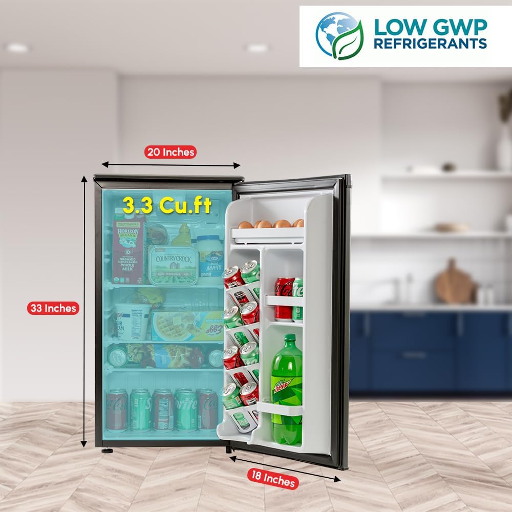 E-Star 3.3 Cu Ft Mini Fridge without Freezer - AUTO DEFROST, Reversible Single Door, Glass Shelf Refrigerator - A Space-Saving Marvel for Your Bedroom, Dorm, and Office