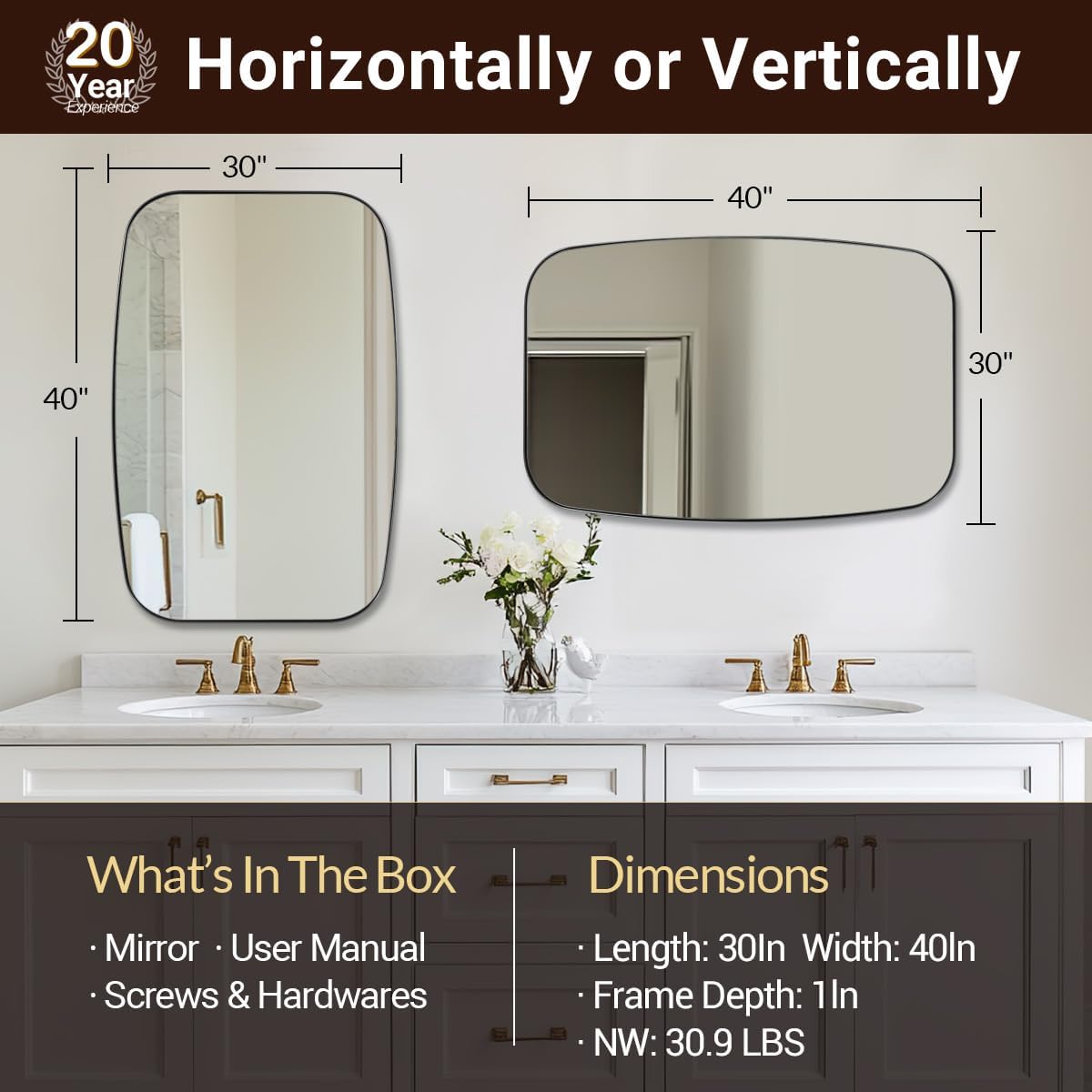 ANDY STAR Brushed Nickel Bathroom Mirror, 30x40” Oblong Mirror with Stainless Steel Metal Frame, Silver Oval Vanity Mirror for Over Sink, Modern Anti Rust Wall Mounted