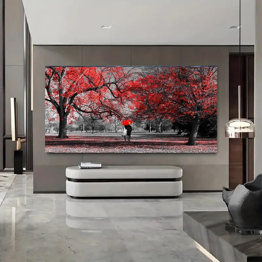 Bamdeya Black White and Red Canvas Wall Art Tree Painting Forest Prints Art Scenery Picture Romantic Couples Artwork for Wall Framed Large Wall Art Living Room Décor Wall Art Bedroom-30x60inches