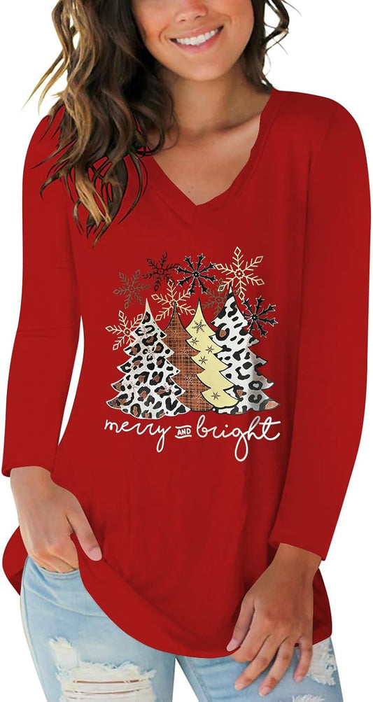 Tobrief Women's Long Sleeve V-Neck Shirts Fall Graphic Tees Loose Casual T-Shirt