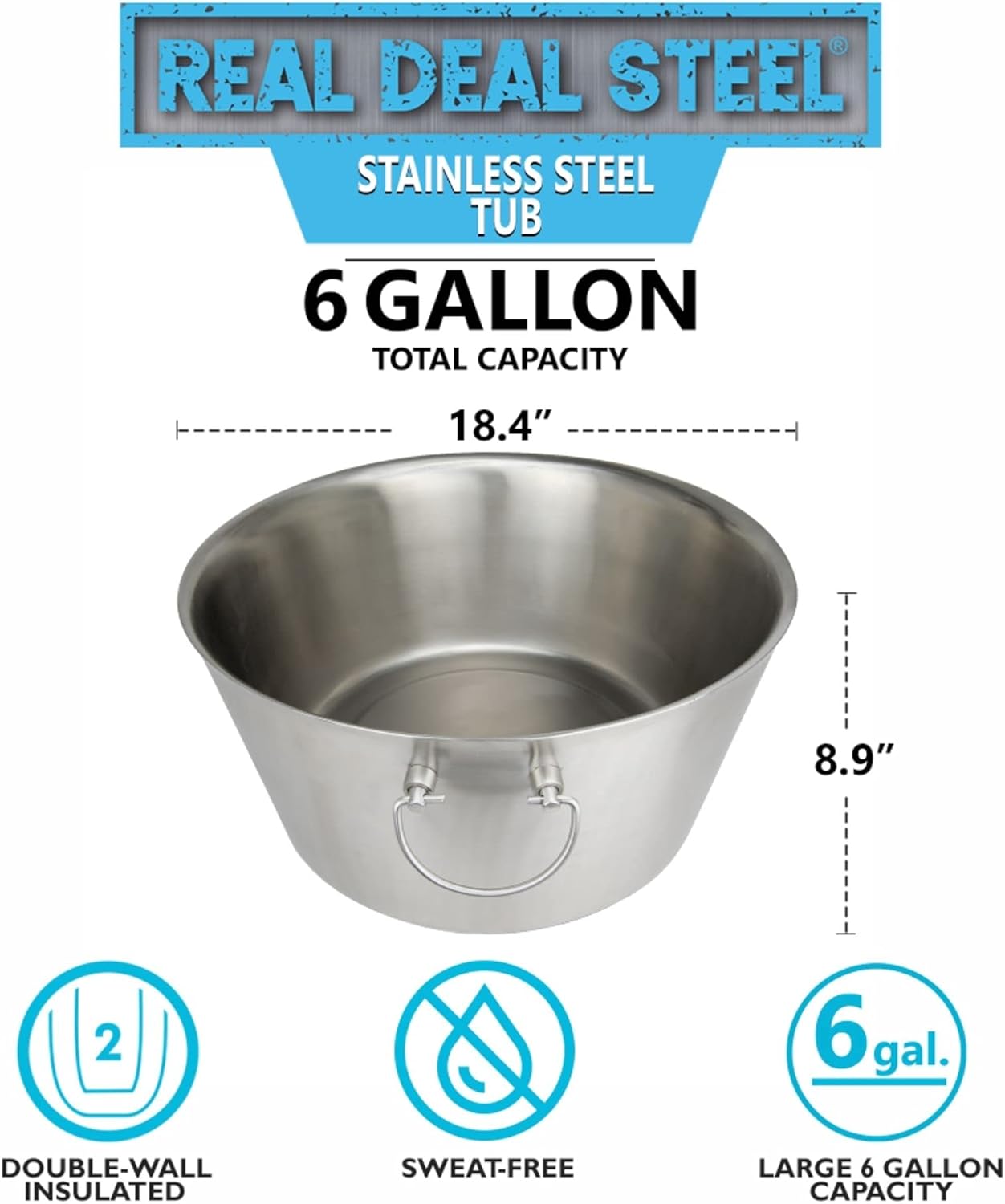 Stainless Steel Insulated Beverage Tub - Real Deal Steel, Large 6 Gallon Round Double Walled Party Tub, Drink Bucket for Parties, Ice Cooler for Wine Beer - Pack of 3