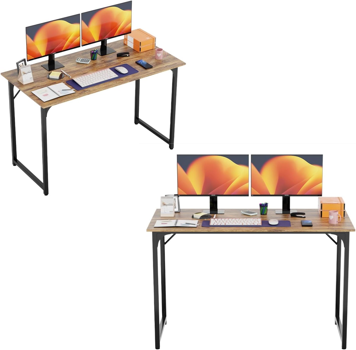 PayLessHere | 47 Inch Computer Desk | Brown | Office Desk with Metal Frame, Adjustable Feet | Water-Resistant, Scratchproof Surface | Sturdy Writing Table for Home Office or Study | Pack of 2