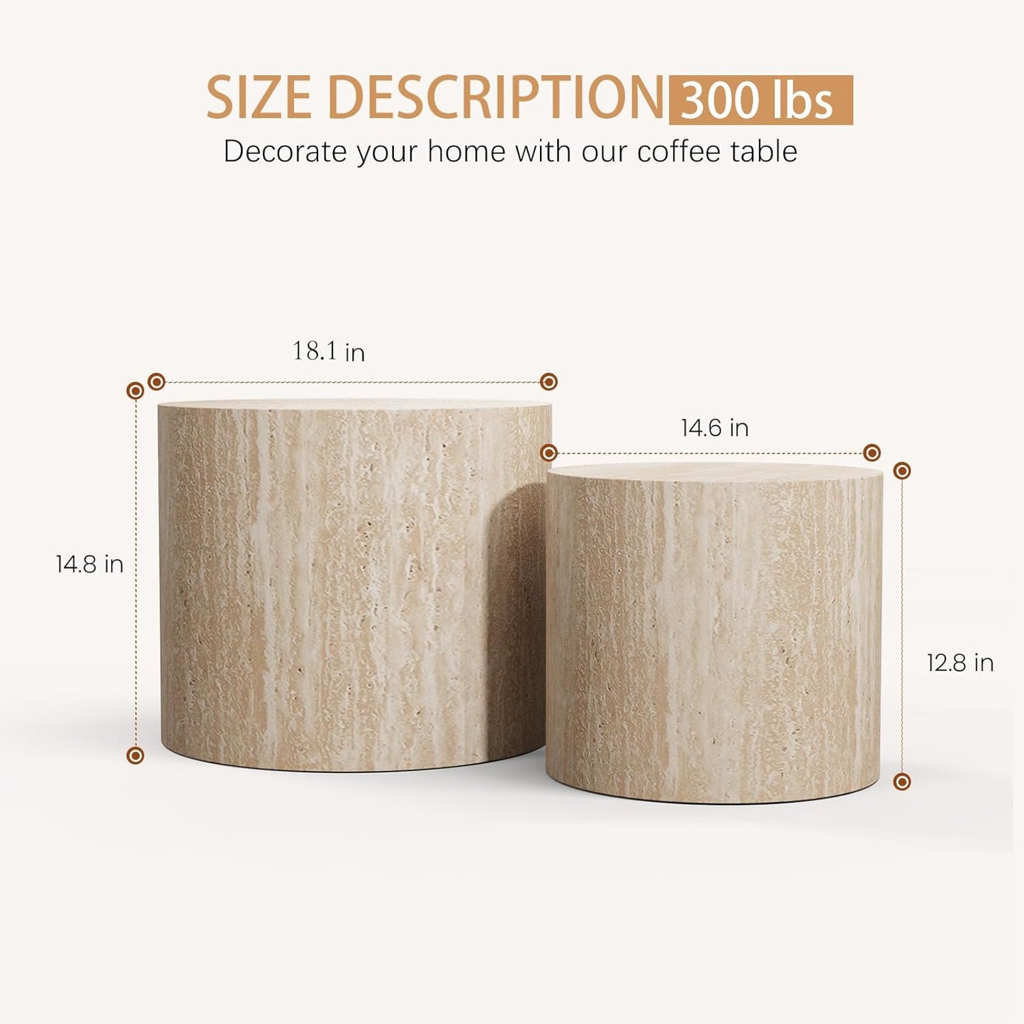 Travertine Round Nesting Coffee Tables 2 Piece Set - Contemporary Design, Round Drum Nesting Side Table Sturdy Build, Multifunctional for Living Room, Office, and Balcony Use (Travertine 18.1in)