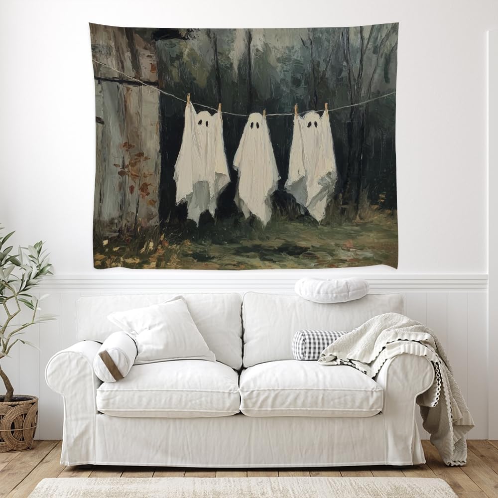 Vintage Halloween Tapestry Funny Ghosts on Clothesline Tapestry Wall Hanging Farmhouse Gothic Room Decor Spooky Ghost Prints for Dark Academia Halloween Party House Decoration Tapestries 70x90inch