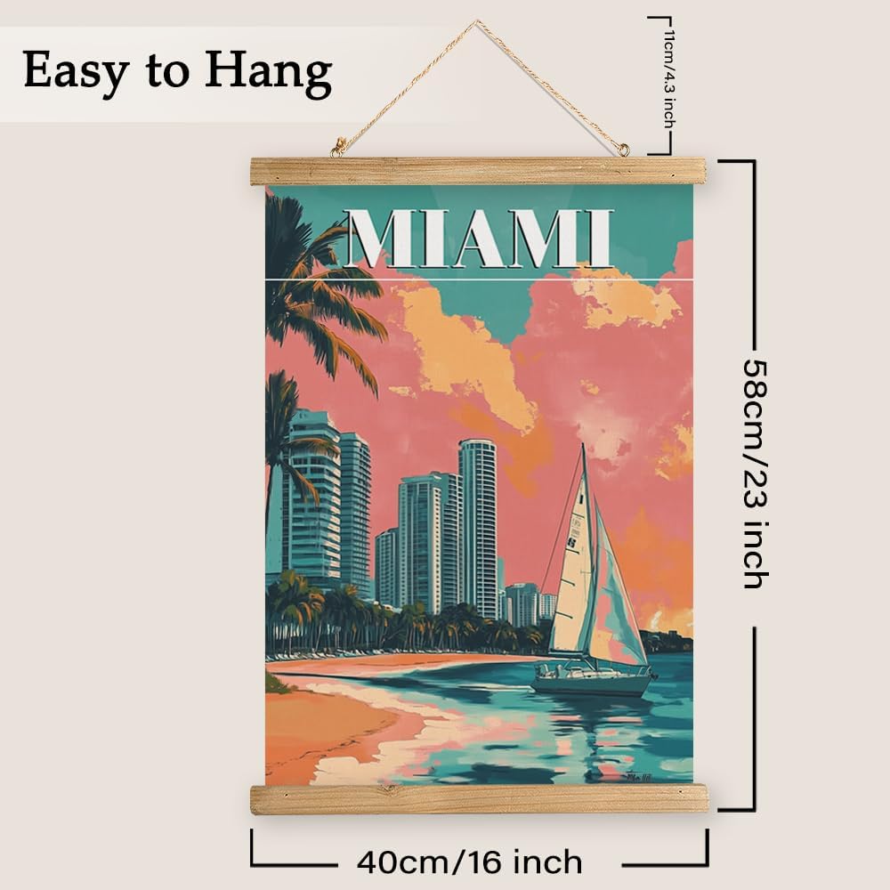 WREVERW Vintage Miami Poster Canvas Print with Wooden Hanger Frame, Featuring Palm Trees, High-Rise Buildings, and Sailboats, Wall Art for Home and Office Decor, 16x23 inches