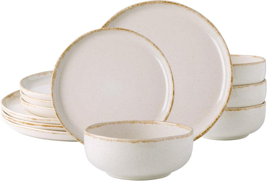 AmorArc Ceramic Dinnerware Sets, Wavy Rim Stoneware Plates and Bowls Sets, Highly Chip and Crack Resistant | Dishwasher & Microwave Dishes set, Service for 4 (12pc)-Speckled Cappuccino White