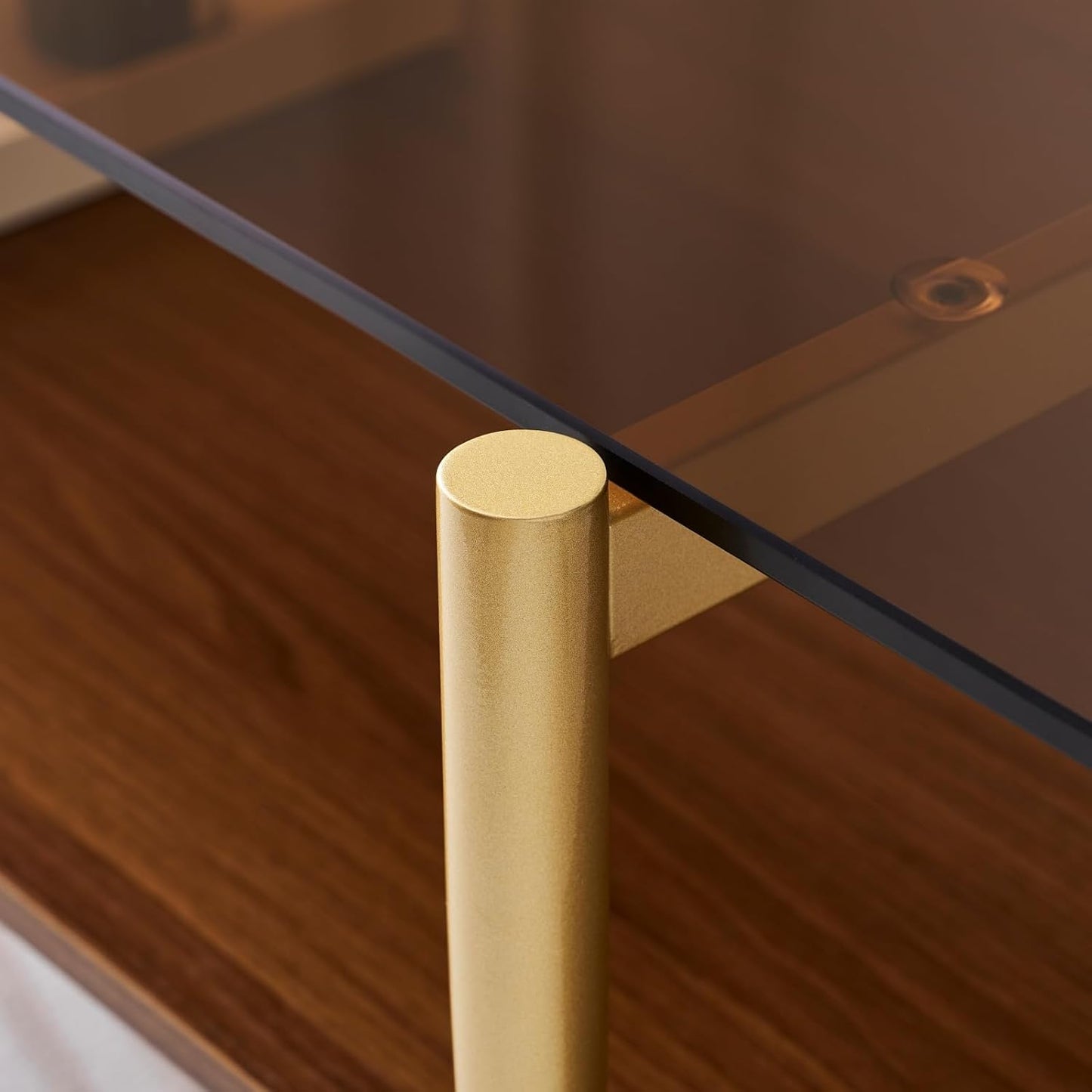 Rectangle Coffee Table, Mid-Century Modern Design, L41 W21 x H17, for Living Room, 2-Tier Structure, Amber Glass Top and Walnut MDF Shelf, Sleek Conical Metal Legs with Gold Finish