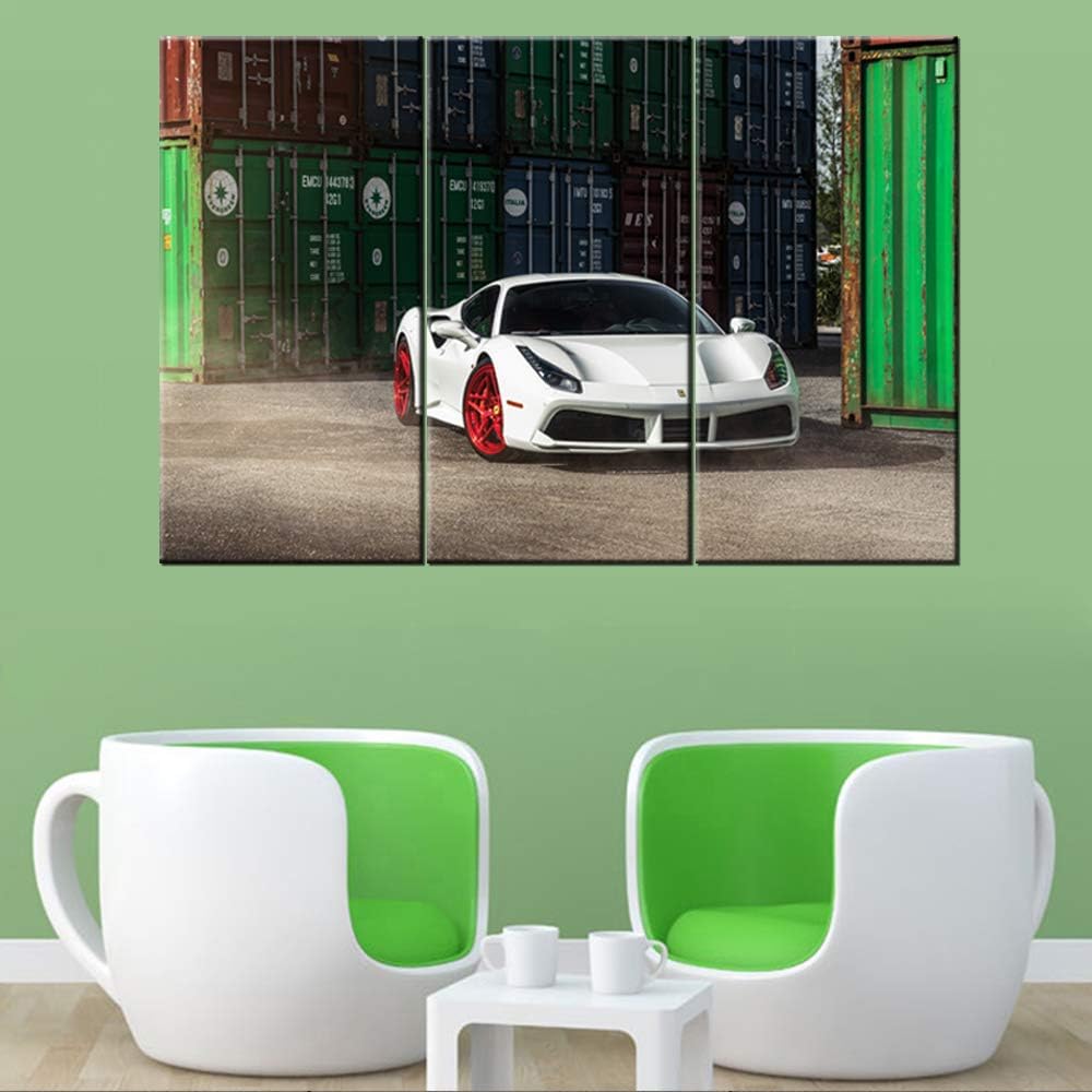 TUMOVO Classic Car Canvas Wall Art Framed White Ferrari Boys Fast Car Cool Sports Poster 3 Pieces 3D Diamond Print Painting with Frame and Stretched Ready to Hang - 28 x 14inch x 3 Panels