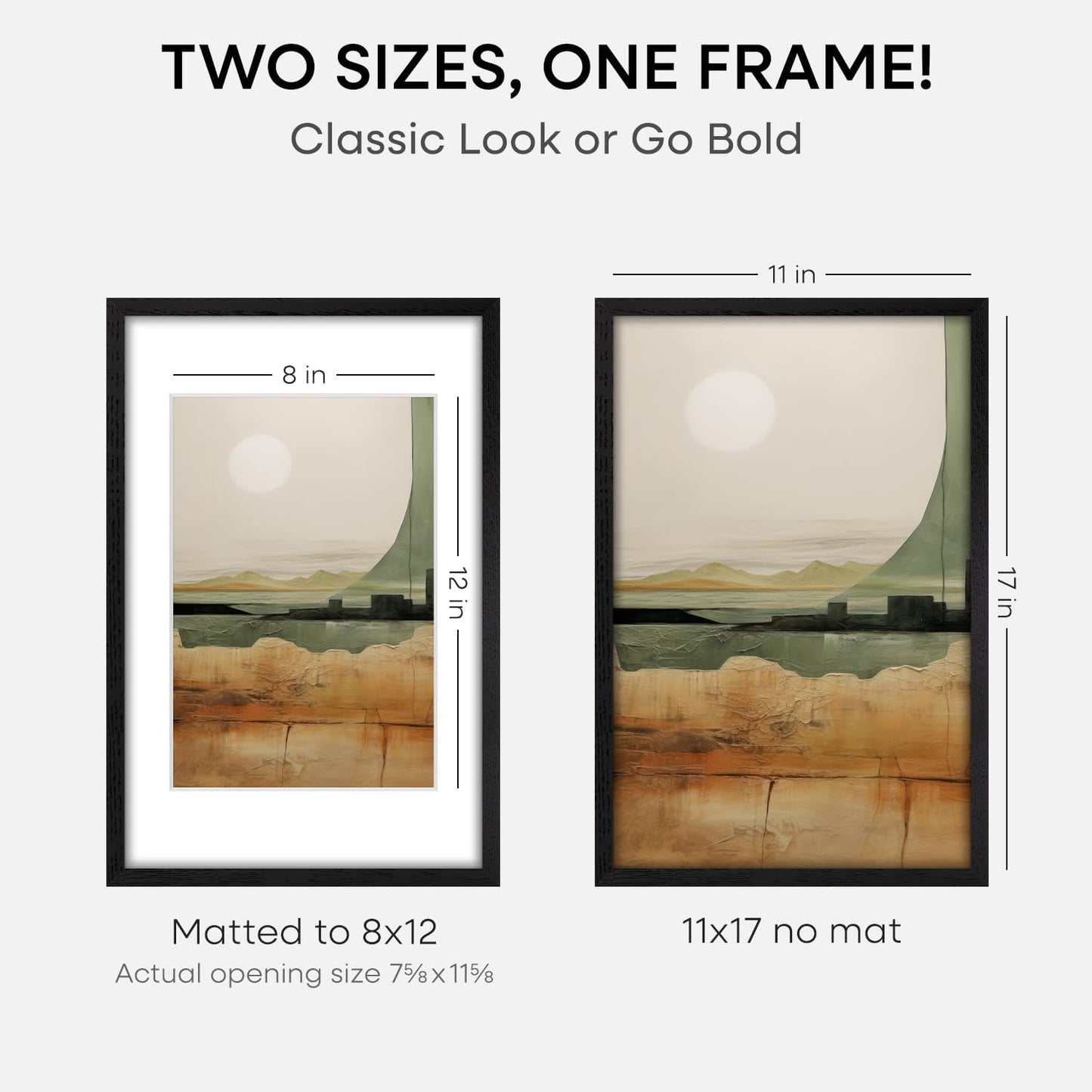 Homeforia 11x17 Picture Frame Black Wood, High End Oak 11x17 Poster Frames with Mat 8x12, 11 x 17 Wooden Frame Matted to 8 x 12 inch Photo, 17x11 Thin Hanging Frame, Tempered Glass, Wall Kit, Set of 1