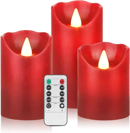 Flameless Battery Operated LED Candles with10key Button Remote Control 24-Hour Timer Set of 3 Electric Flickering Pillar Real Wax，Wedding, Party, Home Decoration (Red)