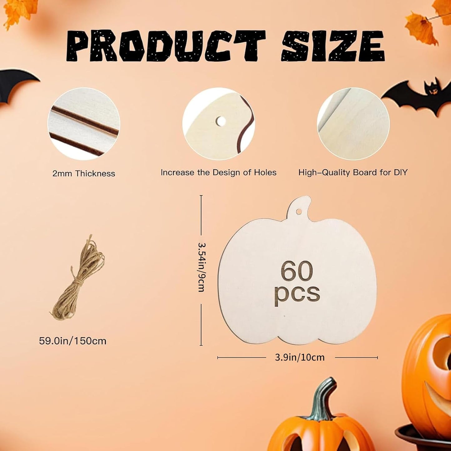 60 Pcs Thanksgiving Pumpkin Wooden Cutouts Unfinished Wood Crafts Pumpkin Wooden Pumpkins Ornaments to Paint Decorations DIY Blank Fall Pumpkin Shapes Discs Halloween 3.9x3.5 Inch