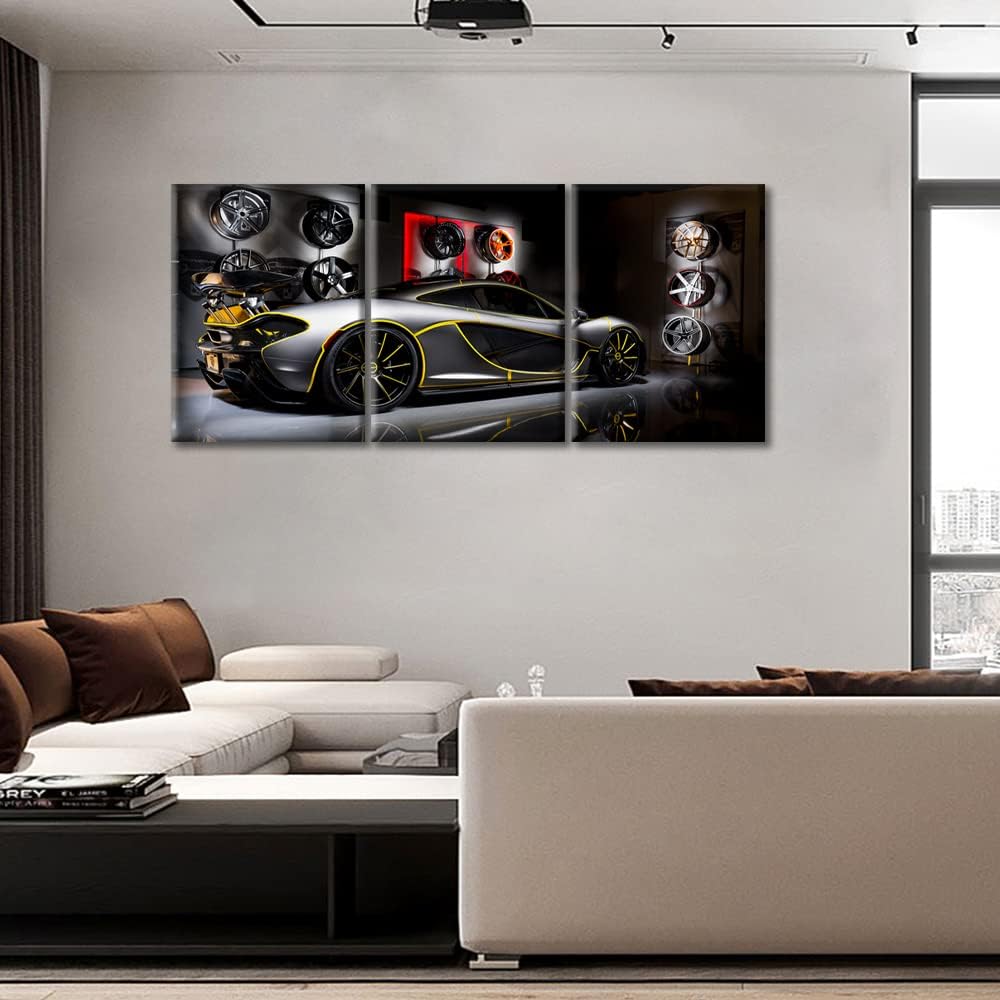 TUMOVO Gray Sports Car Canvas Wall Art Yellow Stroke Supercar Posters & Prints Artwork Contemporary Home Decor Stretched Canvas Picture for Living Room Boys Bedroom Home Office Decor, 36" Wx16 H