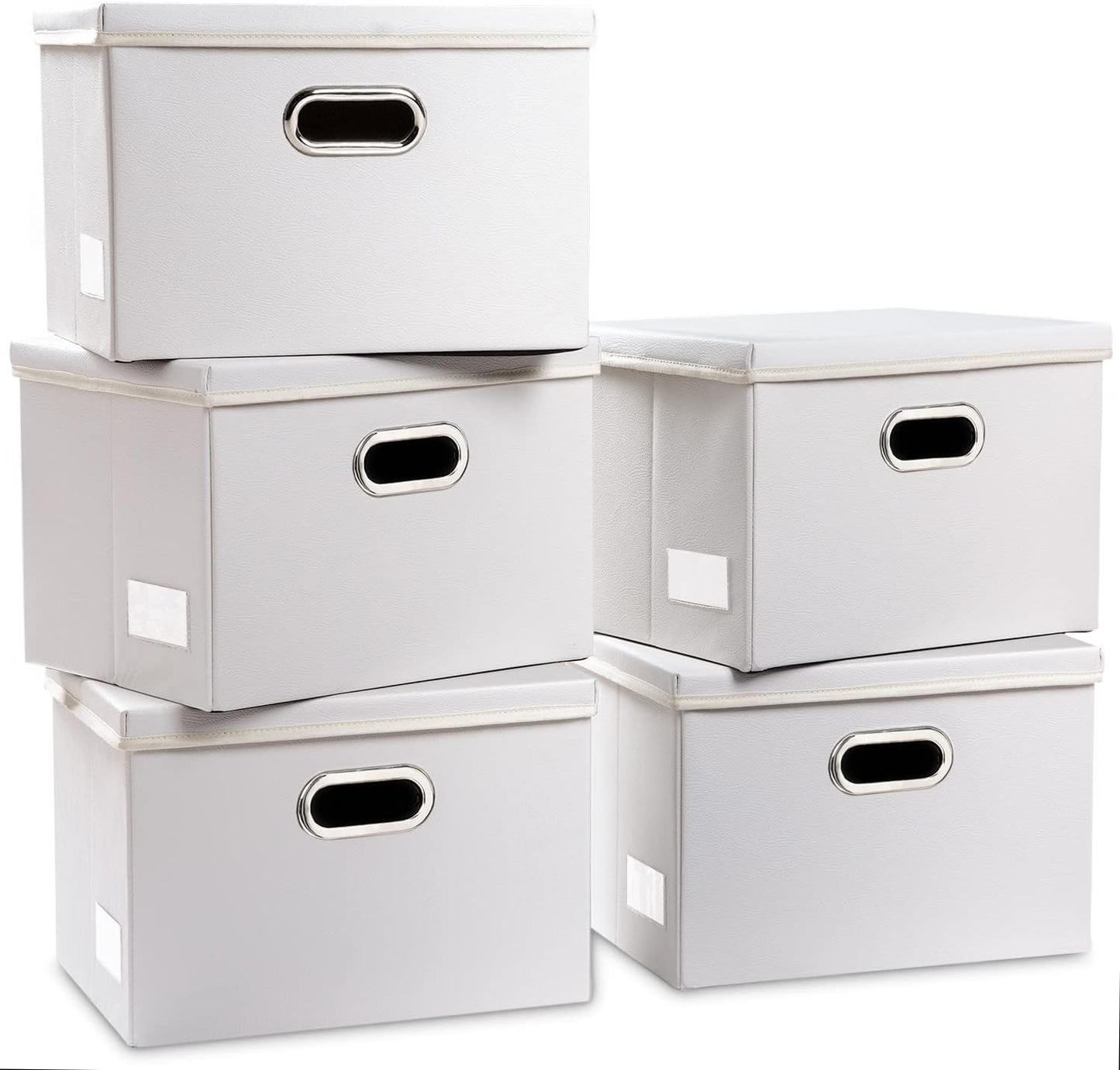 PRANDOM Foldable Storage Bins with Lids [5-Pack] Leather Fabric Collapsible Storage Boxes Organizer Containers Baskets Cube with Cover for Bedroom Closet Office Nursery White (14.9x10.8x10)