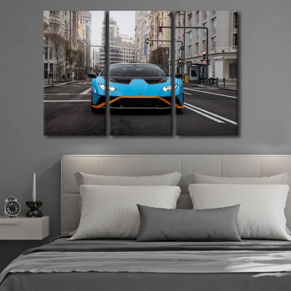 Canvas Wall Art for Bedroom Super Car Wall Art for Living Room Car Poster Decor Wall Art 3 Panels Blue Sports Car on the Street Modern Artwork for Home Walls Giclee Framed Ready to Hang 42"Wx28"H