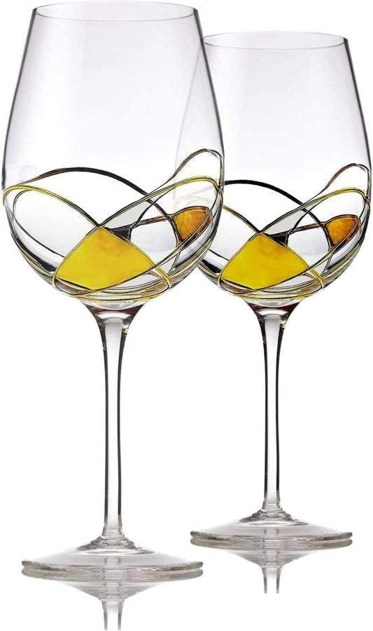 Bezrat Wine Glasses Hand Painted - Set of 2 - Women Wine Gift - Wine Lover Glass - Beautiful Glassware Gifts Ideas for Women Inspired by 'Duomo di Milano' Mothers Day - 12 oz (Gold)