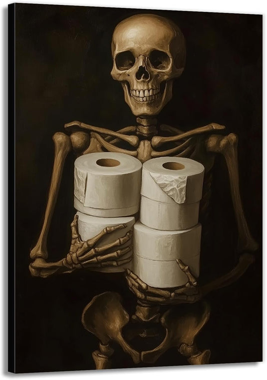 Gothic Skull Wall Art Funny Skeleton with Toilet Paper Canvas Print Vintage Skull Painting Framed Artwork for Living Room Home Halloween Wall Decor(Artwork-8,12"x18")