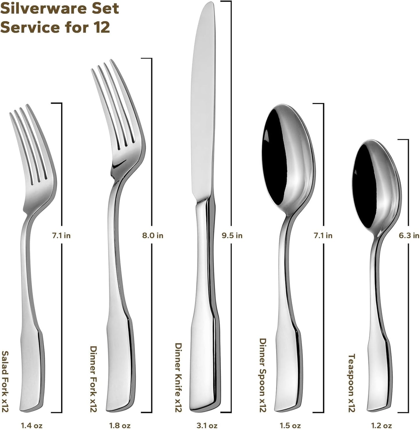 Alata Kate 65-Piece Silverware With Utensil-Serving Set, Service for 12, Stainless Steel Flatware, Mirror Polished Cutlery, Dishwasher Safe