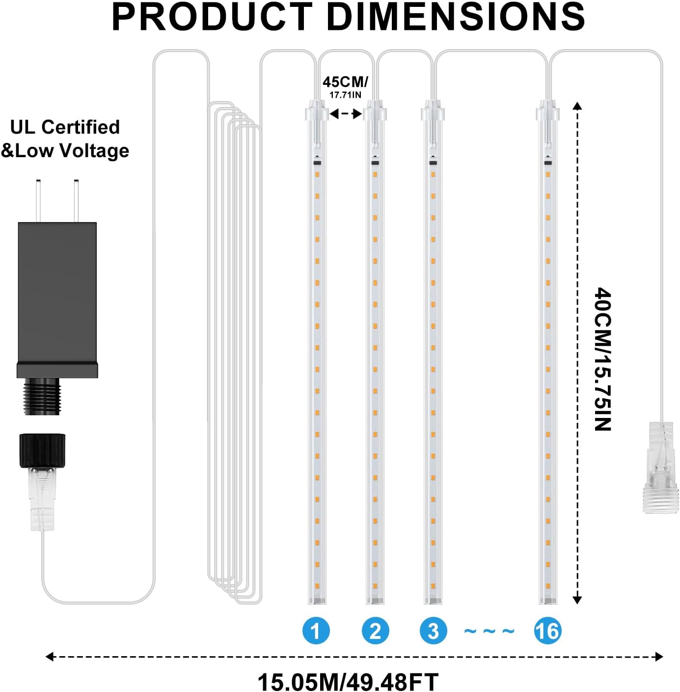 PEMOTech Christmas Lights Outdoor,16 Tubes 16 Inch 576 LED Meteor Shower Lights, Waterproof Christmas Decorations Icicle Light for Xmas Tree Halloween Party, Ul Plug,Cool White