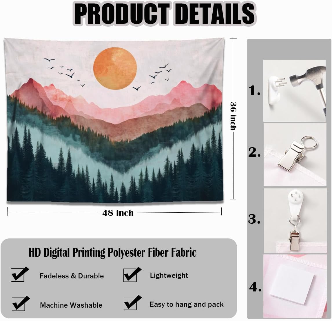 keowhsf Sunset Mountain Forest Tapestry - Large Nature Landscape Wall Hanging, Aesthetic Pine Tree Scenery Wall Art for Bedroom & Living Room Decor