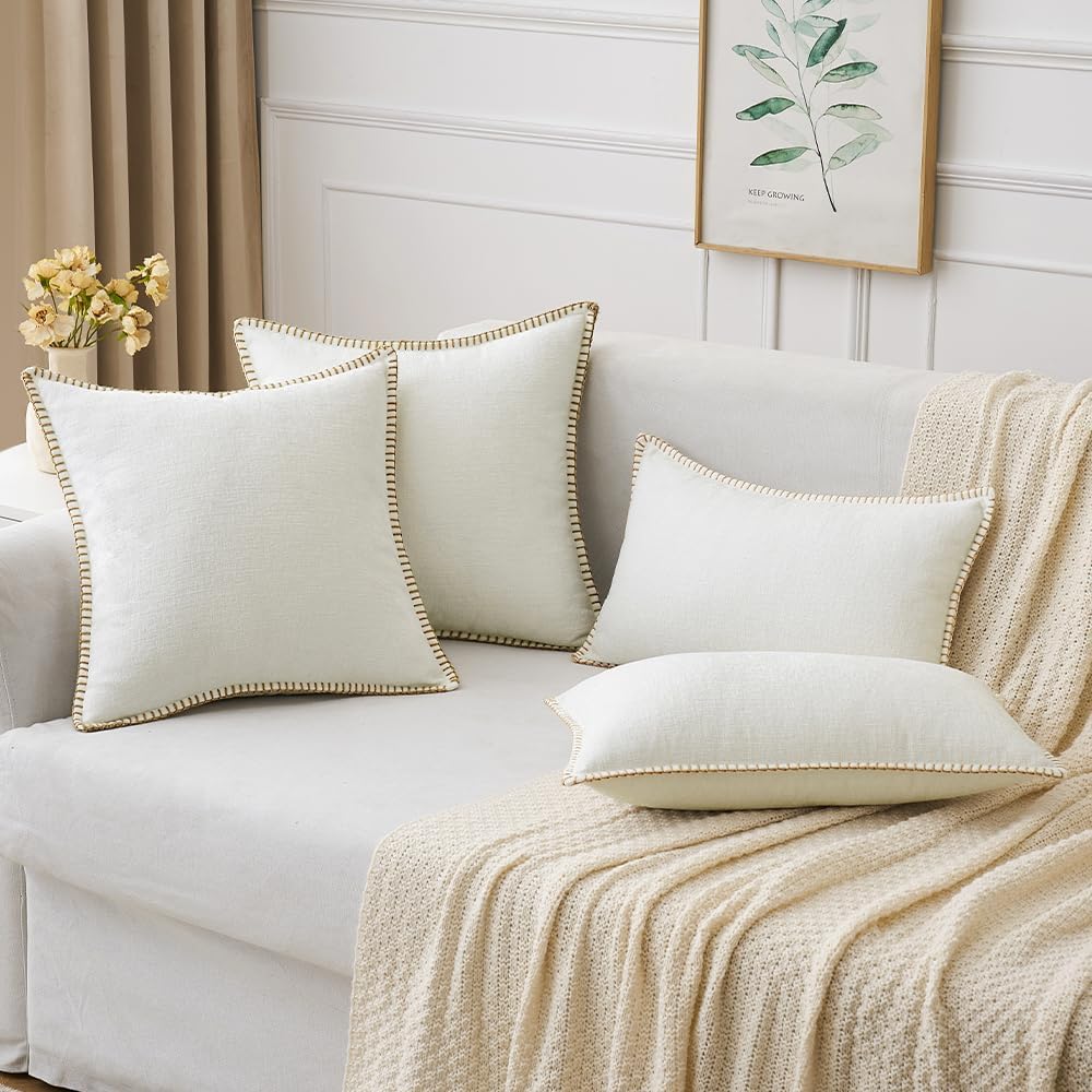 MIULEE Pack of 2 Christmas Pillow Covers 24x24 Inch Pure White Farmhouse Decorative Throw Pillow Covers with Stitched Edge Soft Chenille Solid Dyed Couch Pillow Covers for Sofa Bed Living Room