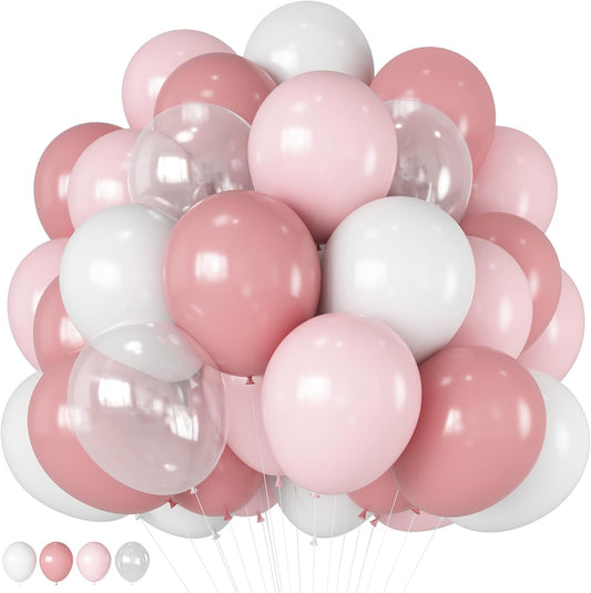 Dusty Pink Balloons 12 Inch Blush Pastel Light Baby Pink and White Latex Party Balloon with Clear Balloons for Women Girls Boho Birthday Wedding Baby Bridal Shower Anniversary Party Decoration
