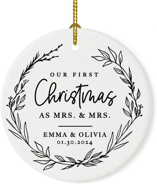 Andaz Press Personalized Our First Christmas As Mrs. & Mrs. 2025 Christmas Ornaments Modern Farmhouse Wreath 2.8" Round Porcelain Ceramic Lesbian Married Couple Gay Women Newlyweds Keepsake 1-Pack