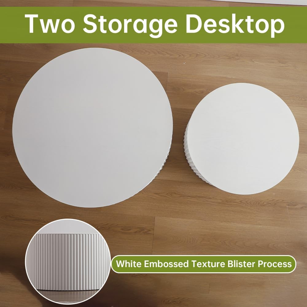 Round Nesting Coffee Table Modern White Fluted Coffee Table Set of 2 Stripe Cream Round Coffee Tables Circle Drum Coffee Tables Side Table Accent End Table for Living Room (White B Large)