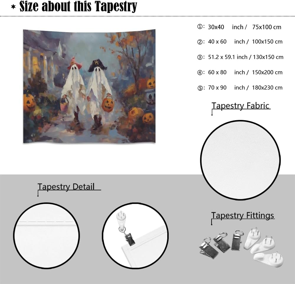 Funny Halloween Ghost Tapestry Wall Hanging Cute Kids Nursery Room Decor Trick or Treat Art Print Goth Fall Pumpkin Ghost Tapestries for Living Room Bedroom wall Decor 70x90inch