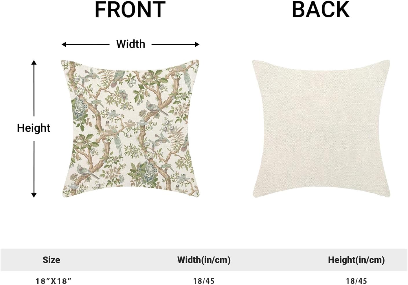 CXMEIFLY Chinoiserie Spring Pillow Covers 18 x 18 Inch Set of 2 for Sage Green Blue Vintage Flowers Bird Decor Throw Pillows Plant Farmhouse Outdoor Decorative Cushion Cases for Couch Bed Decorations