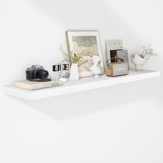 Fun Memories Floating Shelves - 12 Inch Rustic Wooden Wall Shelves - Extra Deeper & Thicker Wall Mounted Storage Shelf for Living Room, Kitchen, Farmhouse - 55" W x 12" D x 1.8" H - White