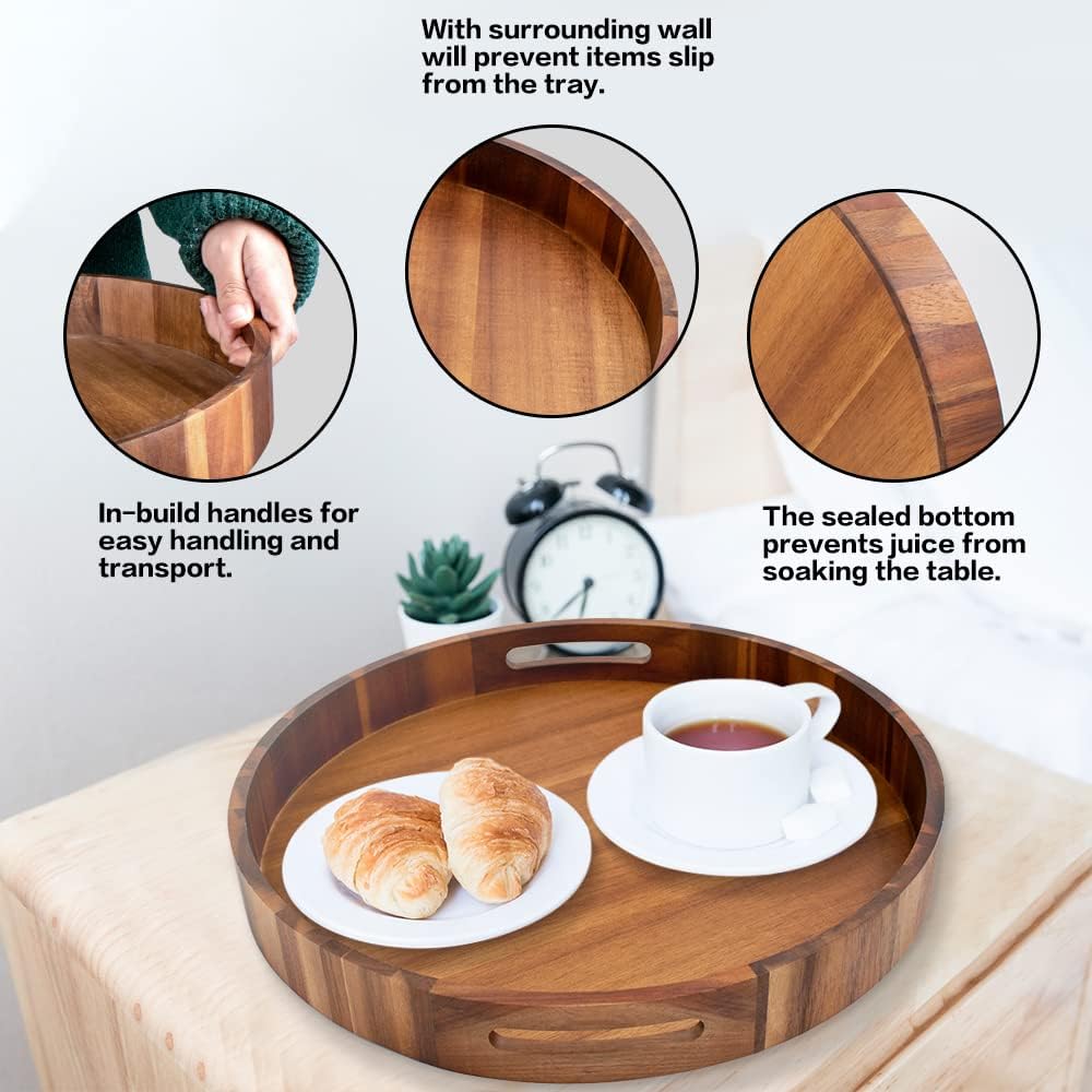 Round Wood Serving Trays Set of 2, Ottoman Tray Rustic Acacia Wooden Trays with Handles, Nesting Circle Tray with 4 Coasters for Coffee Table Living Room Bathroom Bedroom Party