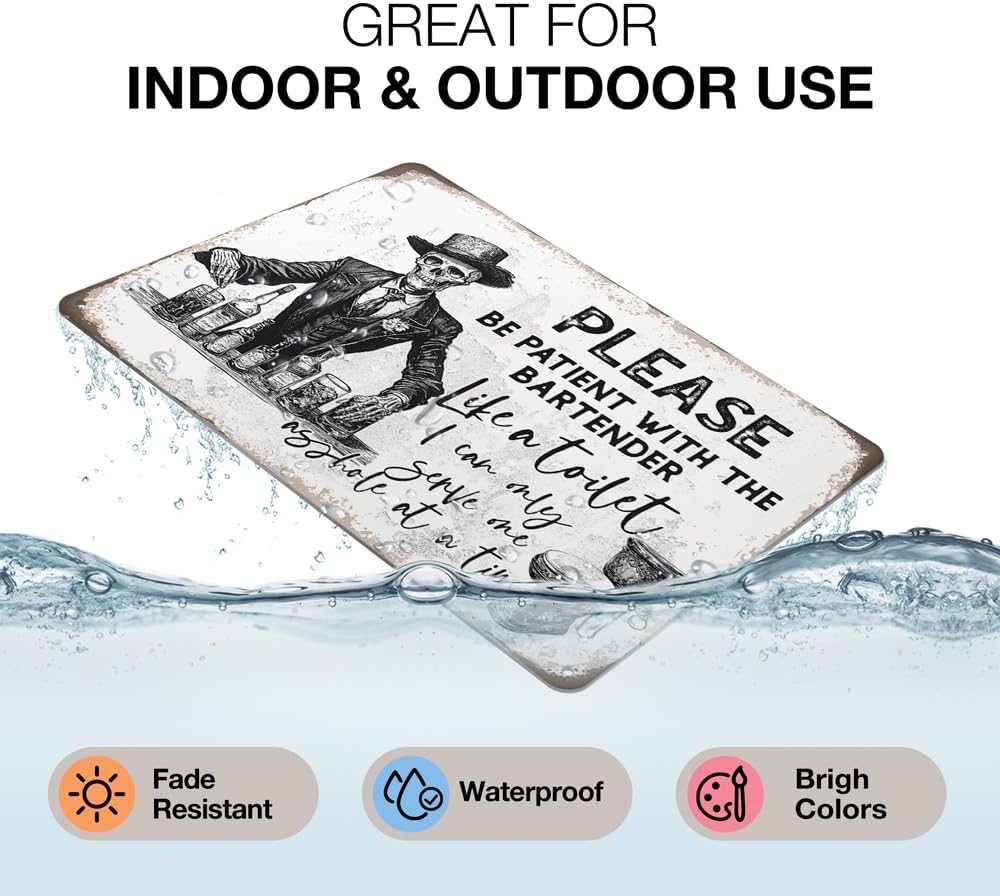 Heuhuww Funny Retro Bar Metal Sign,Please Be Patient With The Bartender Gothic Themed Wall Decor Sign for Man Cave Vintage Pub 8"x12"(H30)