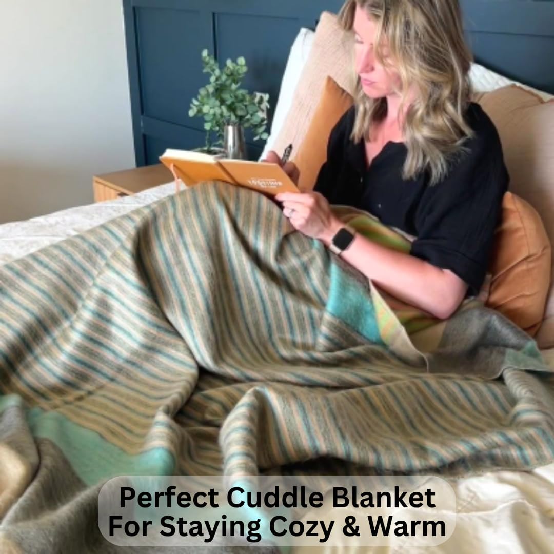 Alpaca Wool Throw Blanket | Super Soft, Lightweight, Breathable and Hypoallergenic | Non-Itchy or Scratchy (Green Gray Varicolored, Queen (U.S. Standard))