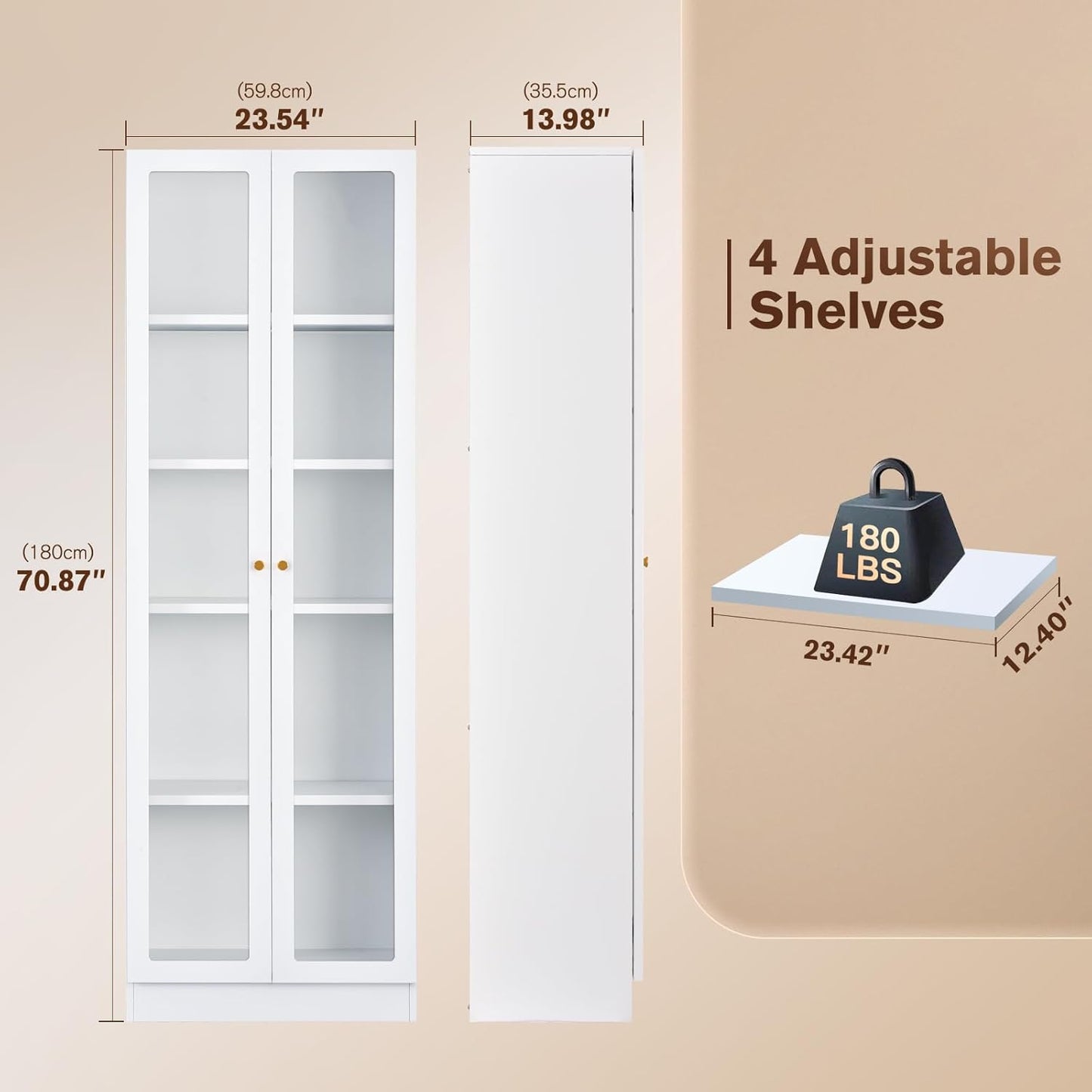 5 Tier Metal Curio Cabinets, Modern Bookshelf Cabinet with 4 Adjustable Shelves, Cabinet Display Case for Home Office, Living Room, Pantry (White-23.54W)