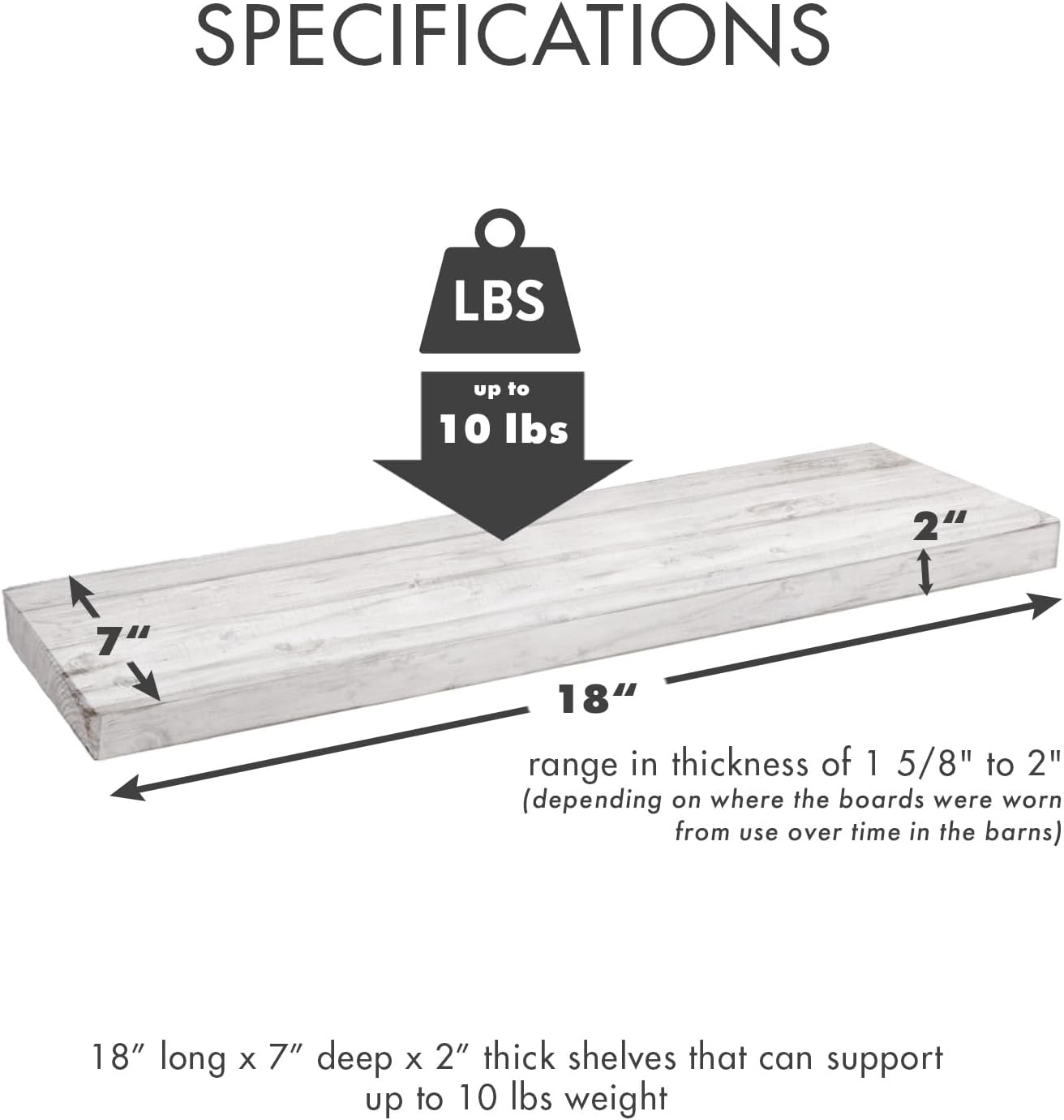 Urban Legacy Reclaimed Barnwood Planks | Floating Shelves for Wall w/Flush Mount Shelf Bracket Set Included | Set of 2 (White Wash, 18"x 7"x 2")