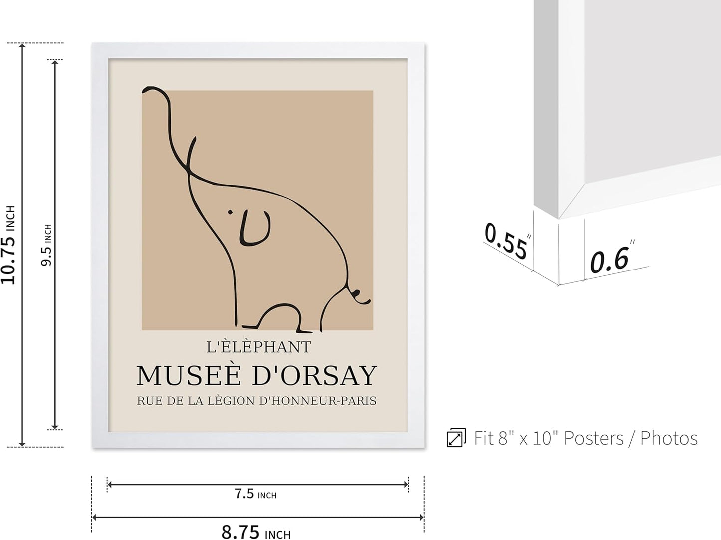 Poster Master Vintage Poster - Retro Minimalist Print - Gift for Artist, Housewarming - Elephant, Line Drawing, Sketch, Abstract - Wall Decor for Living Room, Bedroom, 8x10 White Framed