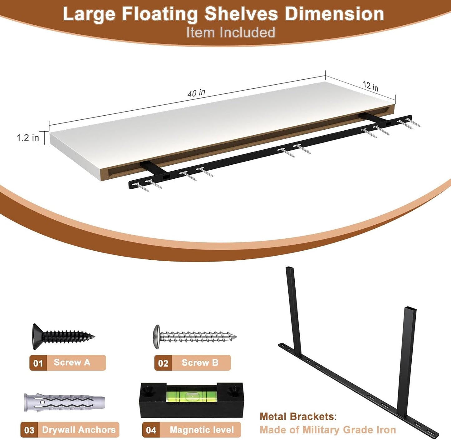 40 Inch Floating Shelf 1 Pack Large Floating Shelves for Wall No Drilling Accessories Included Deep Wall Shelves for Living Room Kitchen Farmhouse 40" W x 12" D x 1.2" White