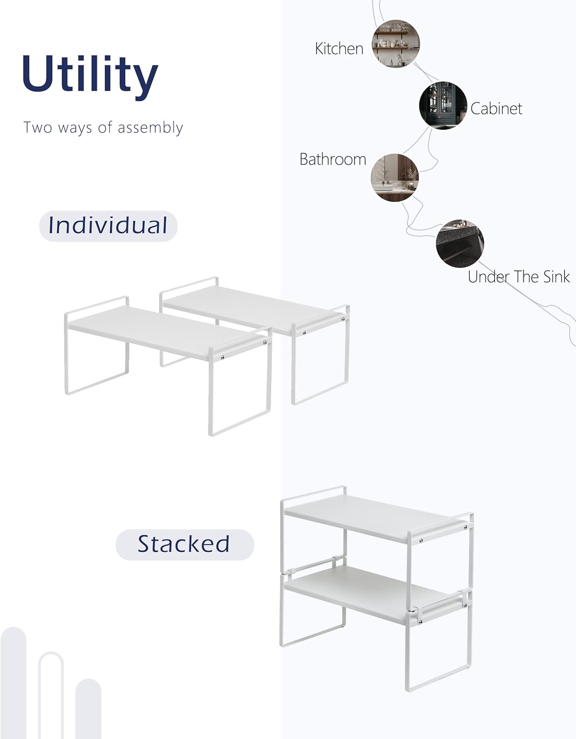 Nxconsu 2Pack Cabinet Shelves Stackable Shelf Organizer Rack Riser for Kitchen Cabinet Pantry Cupboard Counter Countertop Home Organization Storage Space Saver Heavy Duty Metal Nonslip White Wide