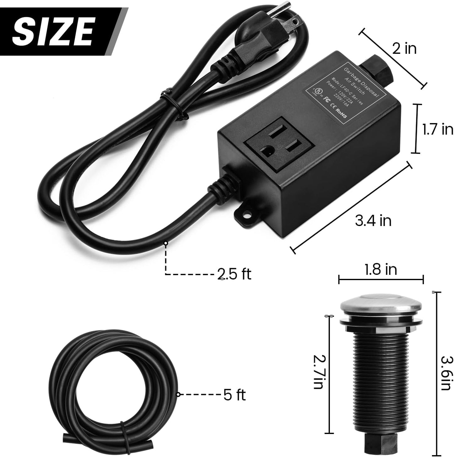 Garbage Disposal Air Switch Kit for SinkTop Waste Disposal with Stainless Steel Brushed Nickel Long Air Button by briidea