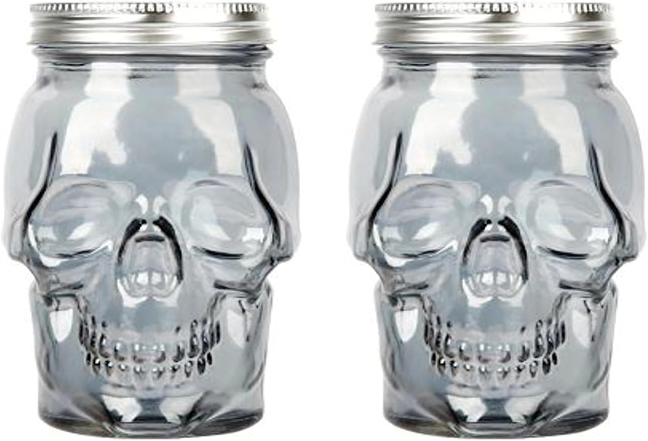 Set of 2 Skull Mason Jar Glasses with Lids | 42oz Reusable Halloween Drinking Glasses | Unique Skull Décor, Storage, & Canning Jars for Parties & Gifts