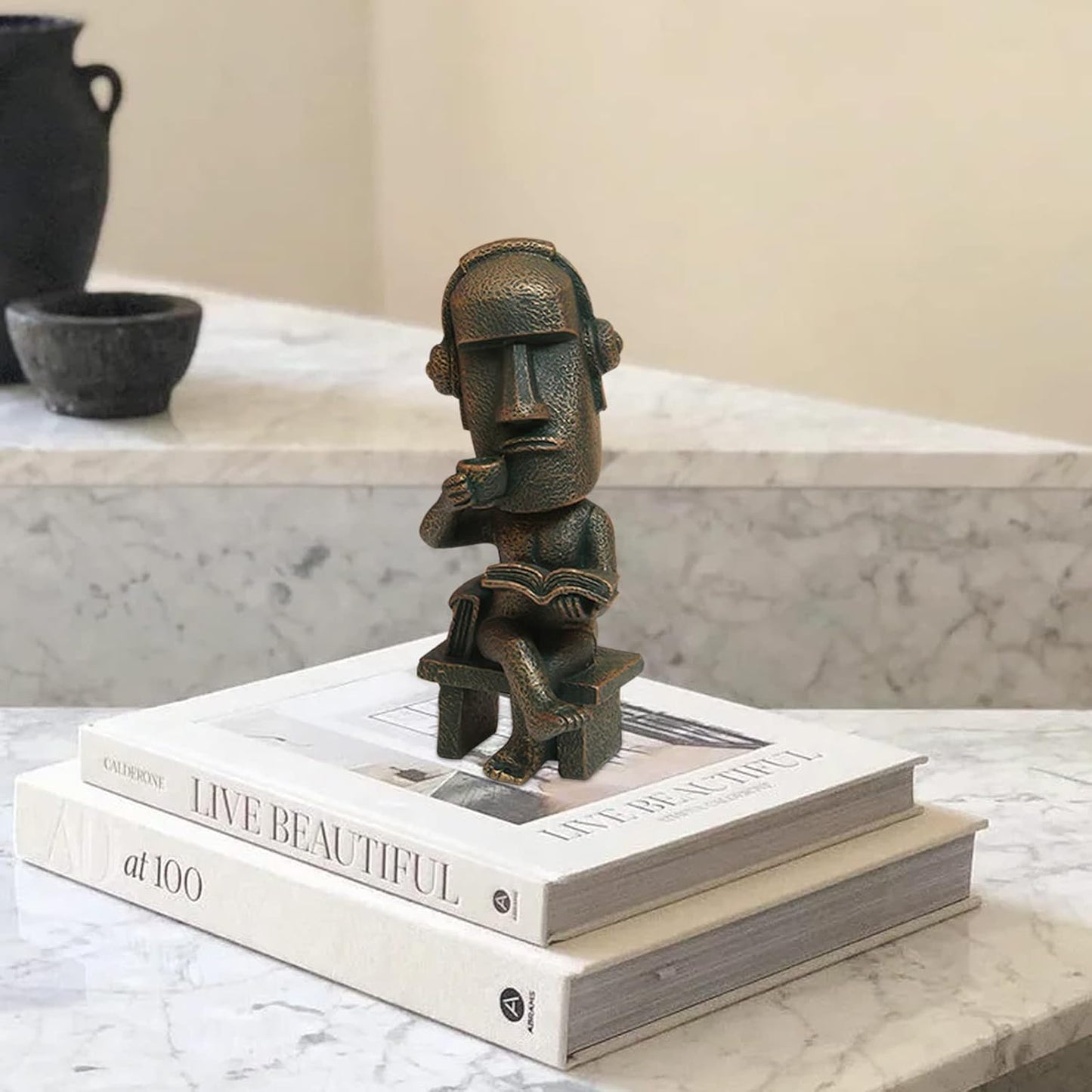 Moai Statue Decor - 6 Inch Easter Island Oranment Resin Stone Decoration for Room Accessories Antique Sculpture for Office Desktop (Read a Book)